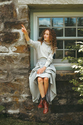 BAMBOO 2PC RUFFLE KNECK SWEATER WITH WOOL PIPED SKIRT